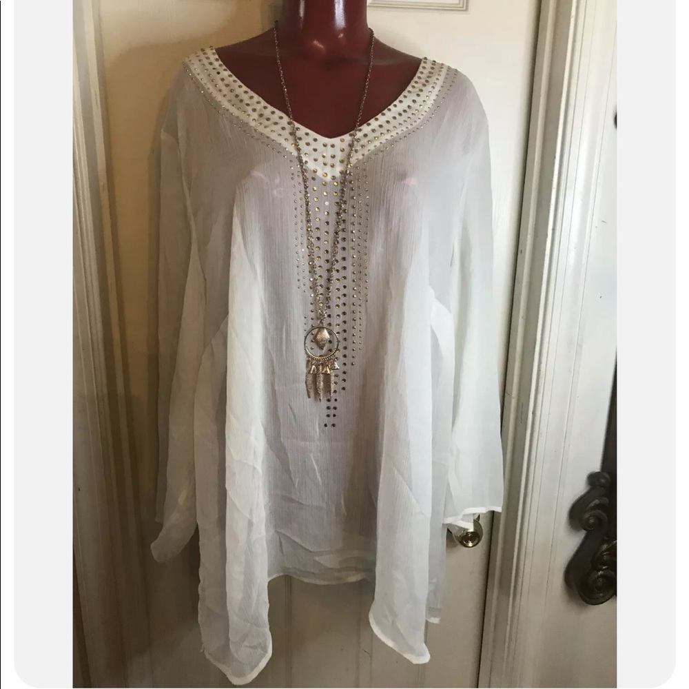 Added Dimensions Catherines White Sheer Top RhineSTONES Bodice- Plus 2X 22/24W